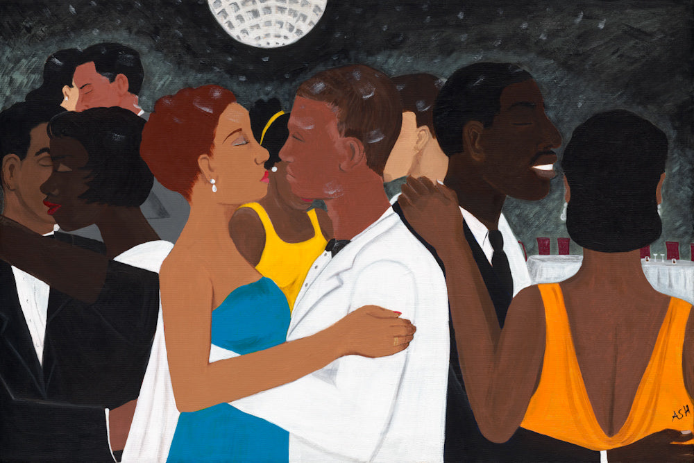 Black Tie Affair' fine art print: Couple in blue and yellow dress, white suit, surrounded by elegantly dressed figures under a disco ball, set against a monochromatic background.