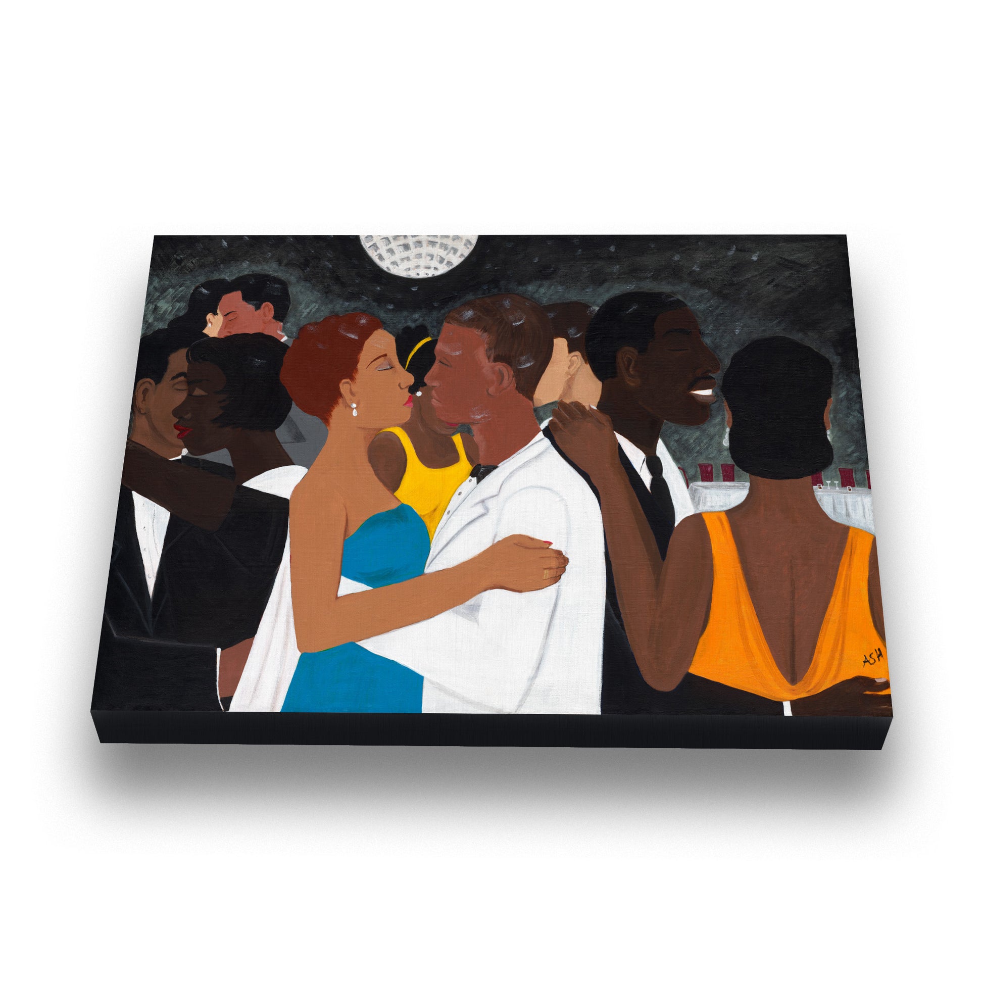 Stretched canvas print titled 'Black Tie Affair' by Antionette Simmons Hodges. The artwork depicts a lively gathering in Washington D.C., with a couple embracing; the woman in a blue and yellow dress and the man in a white suit. Elegantly dressed guests in formal attire stand against a monochromatic background, emphasizing their vibrant clothing. The painting captures the joy of upscale events through bold colors and expressive brushstrokes.