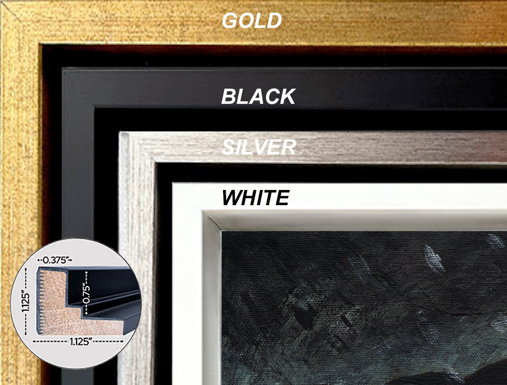 'Black Tie Affair'  frame swatches in gold, black, silver, or white wood. 