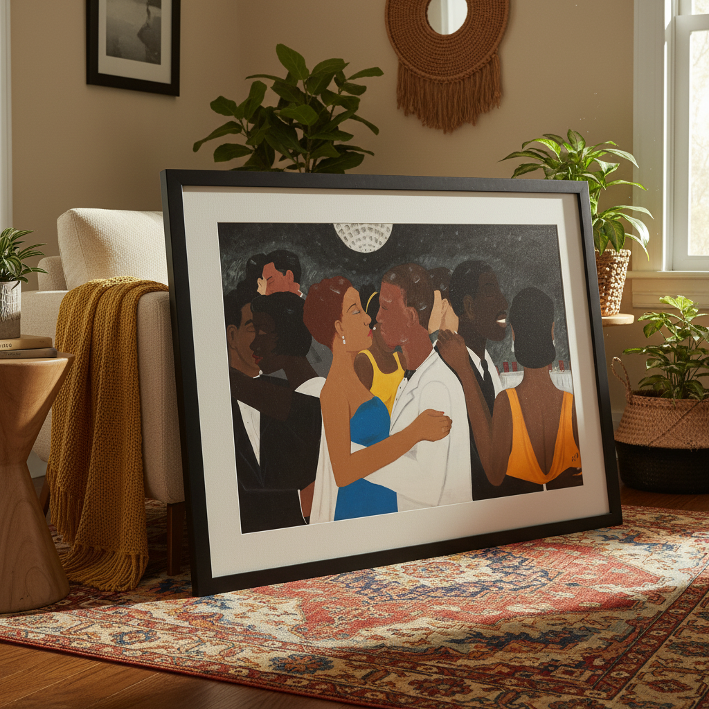 Black Tie Affair framed giclee print leaning in a bohemian interior — Black couple formal dance art
