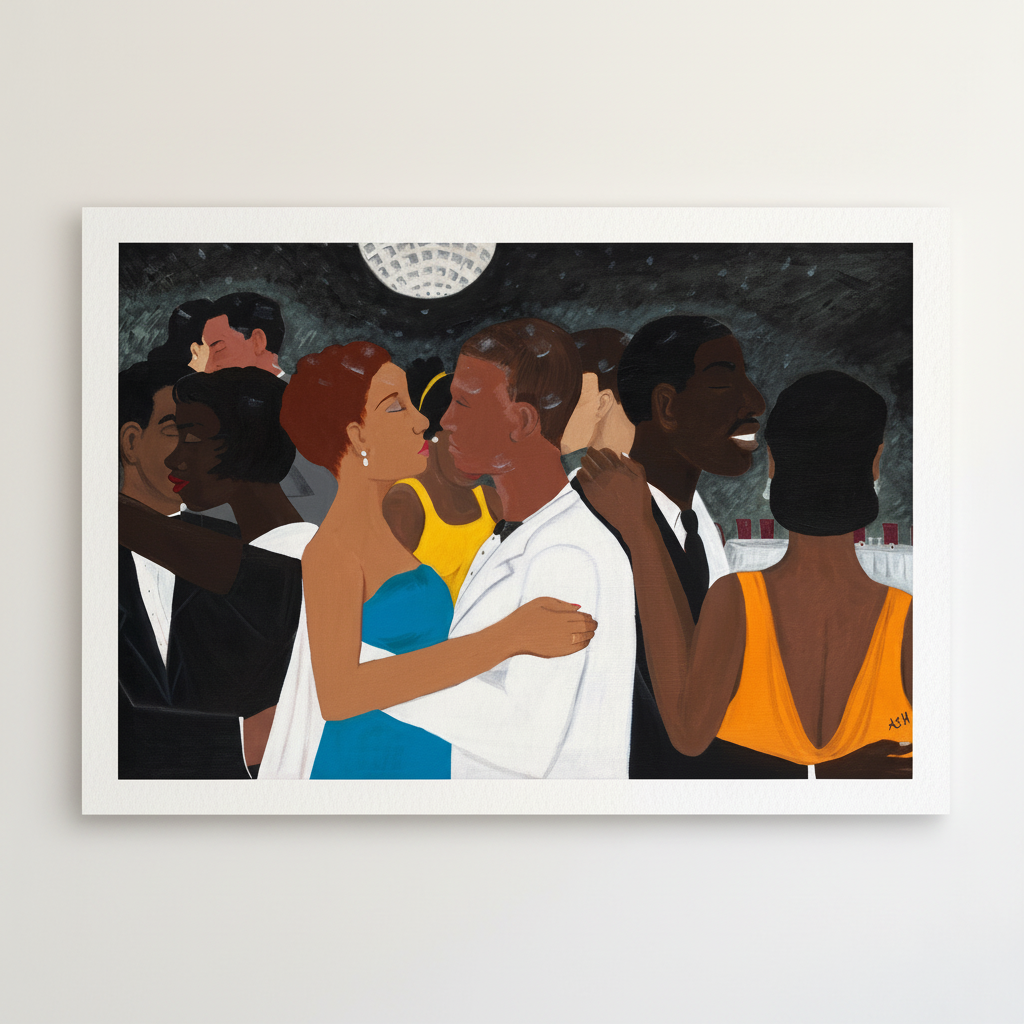 Black Tie Affair framed giclee print — full artwork, Black couple formal dance art by Antionette Simmons Hodges