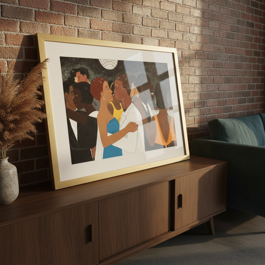 Black Tie Affair framed giclee print styled in a loft interior — Black couple formal dance art