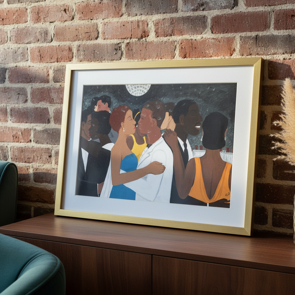 Black Tie Affair framed giclee print in loft-styled interior — Black couple formal dance art