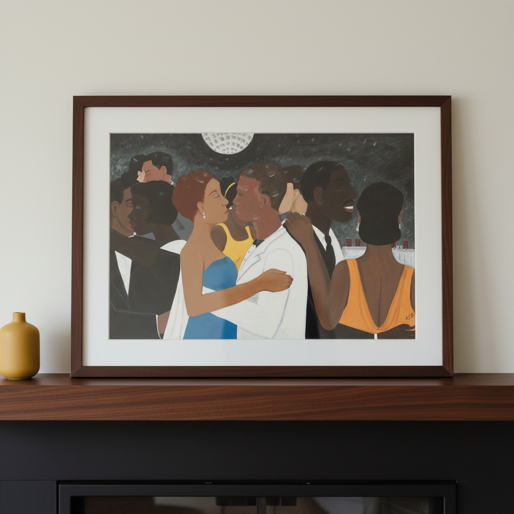 Black Tie Affair framed giclee print extreme close-up detail on a mantel — Black couple dance art
