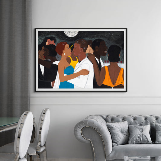 African American Artwork by Antionette Simmons hodges titled Black Tie Affair. Depicts a formal dance.