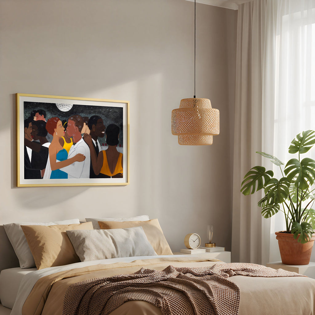 Neatly made bed with beige and brown bedding in a bedroom setting. features a framed print of african americans dancing in formal attire
