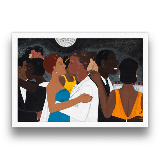 Black art print 'Black Tie Affair' by Antionette Simmons Hodges. Captures a lively social gathering with elegantly dressed African American figures in vibrant colors, centered around a couple embracing, evoking joy and the essence of formal events.