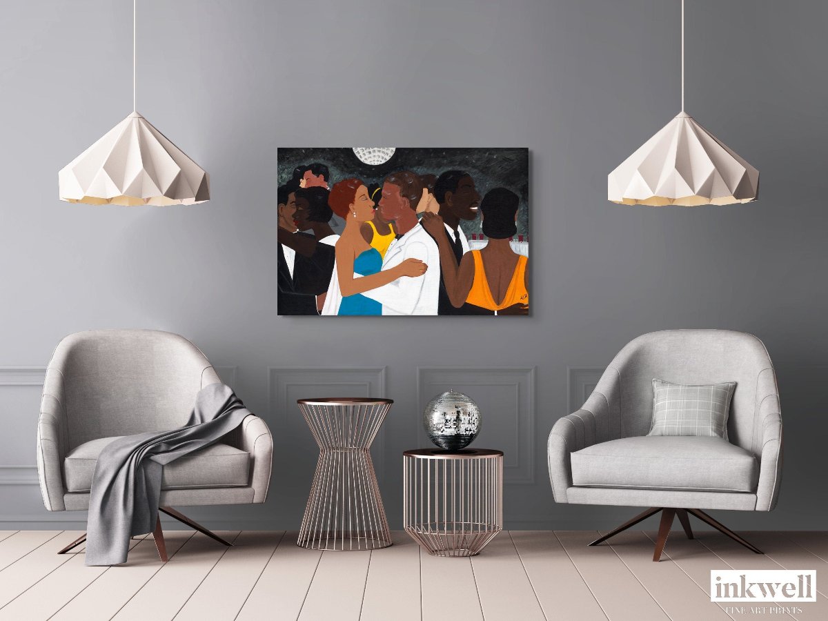 'Black Tie Affair' fine art print: Black couple in blue and yellow dress and white suit, amidst elegantly dressed figures against a monochromatic background, hung above metallic silver side tables between two lounge chairs.