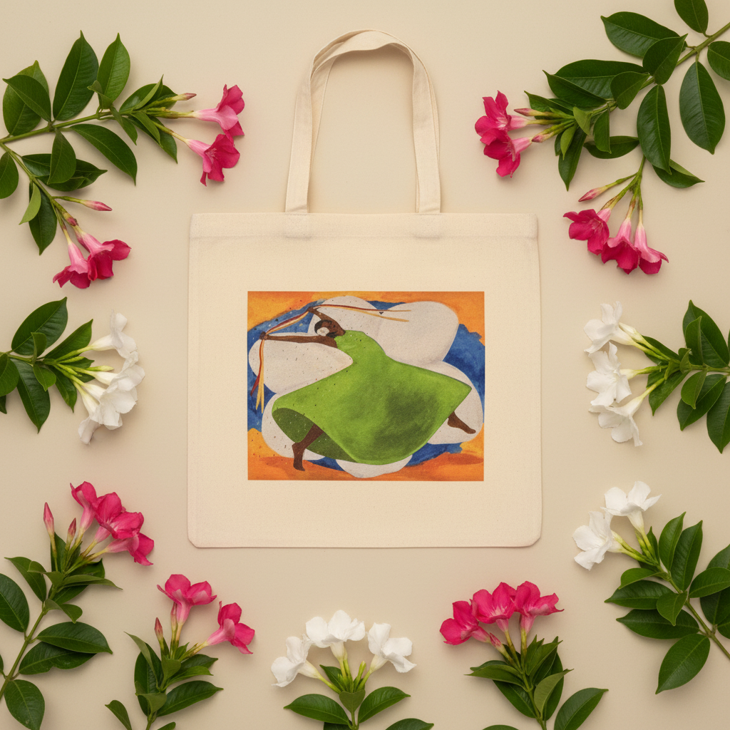 Carnival cotton canvas tote bag flatlay — Black celebration art gift surrounded by Mandevilla  flowers