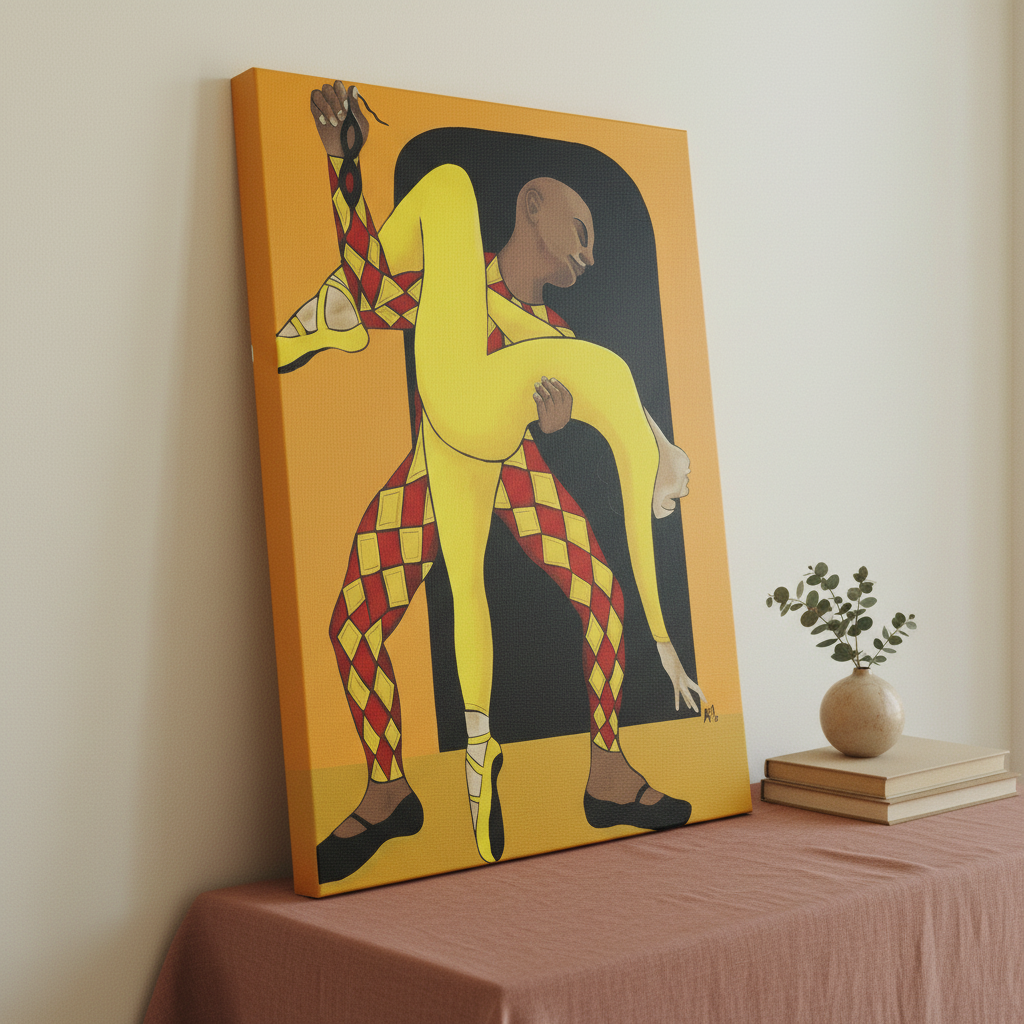 Dance of the Harlequin canvas print on fabric surface — Black ballet dancer art on canvas