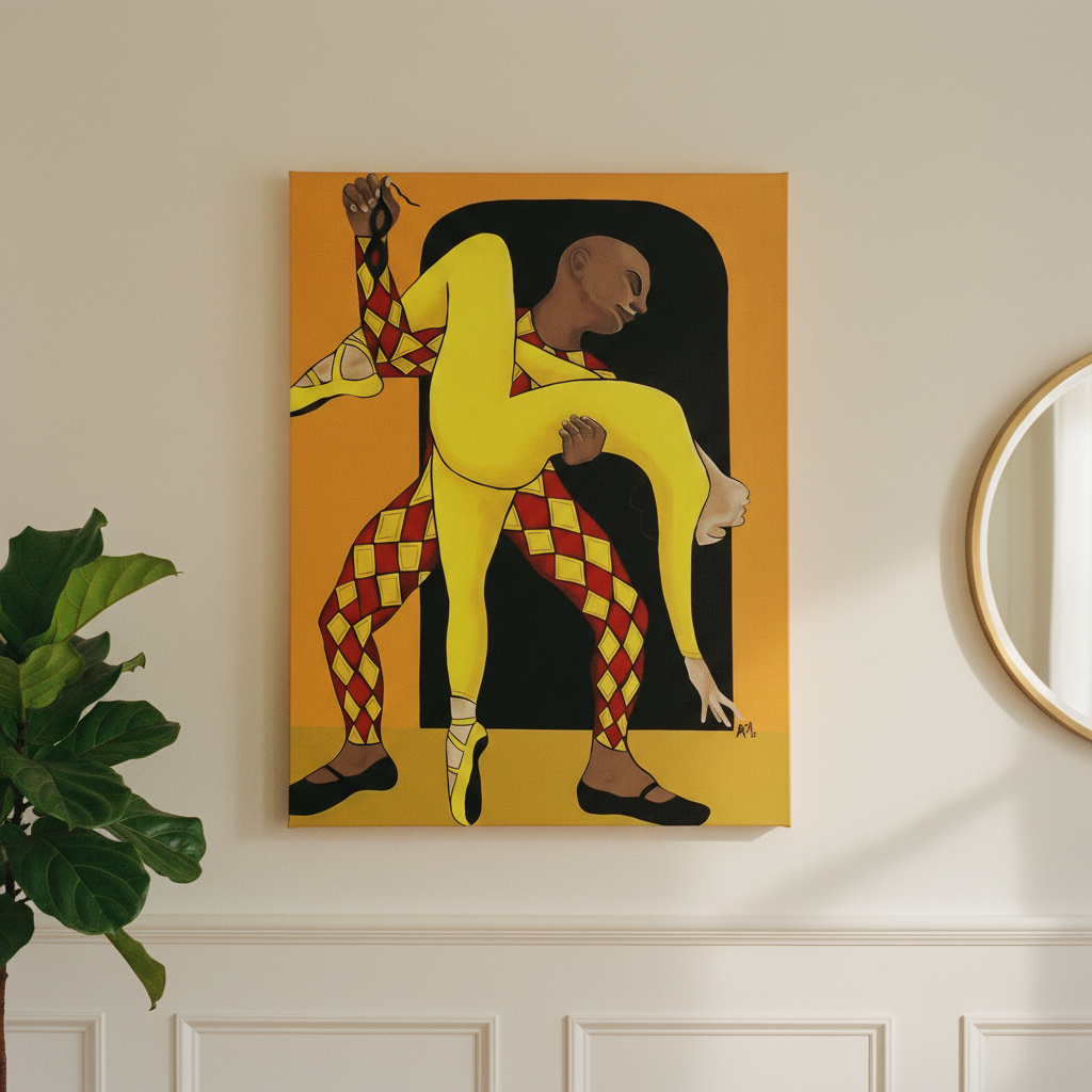 Dance of the Harlequin canvas print hung on wall — Black ballet dancer African American art