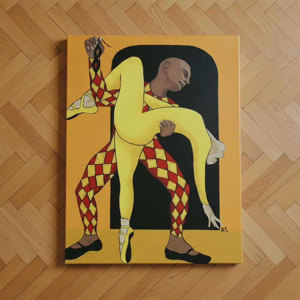 Dance of the Harlequin canvas print leaning on wood floor — Black ballet art on canvas