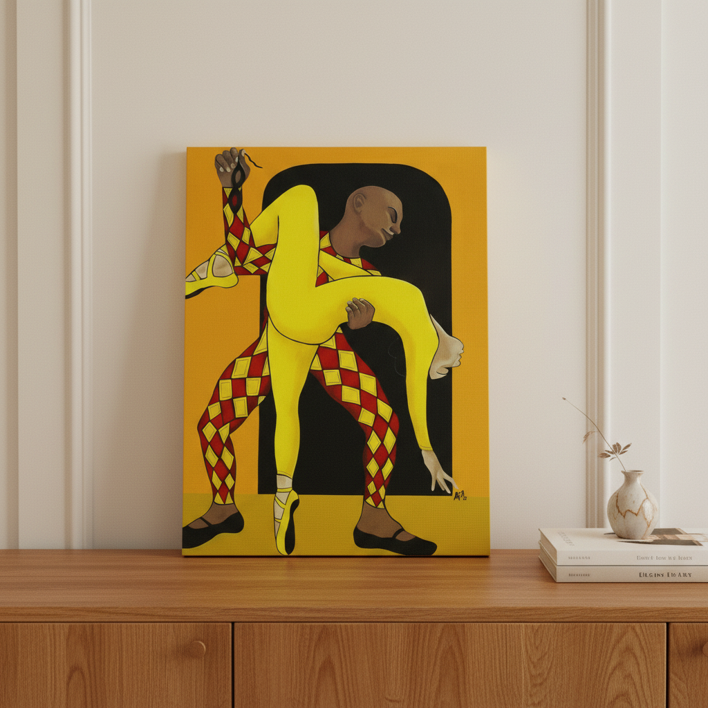 Dance of the Harlequin canvas print on wood sideboard — Black ballet art on stretched canvas