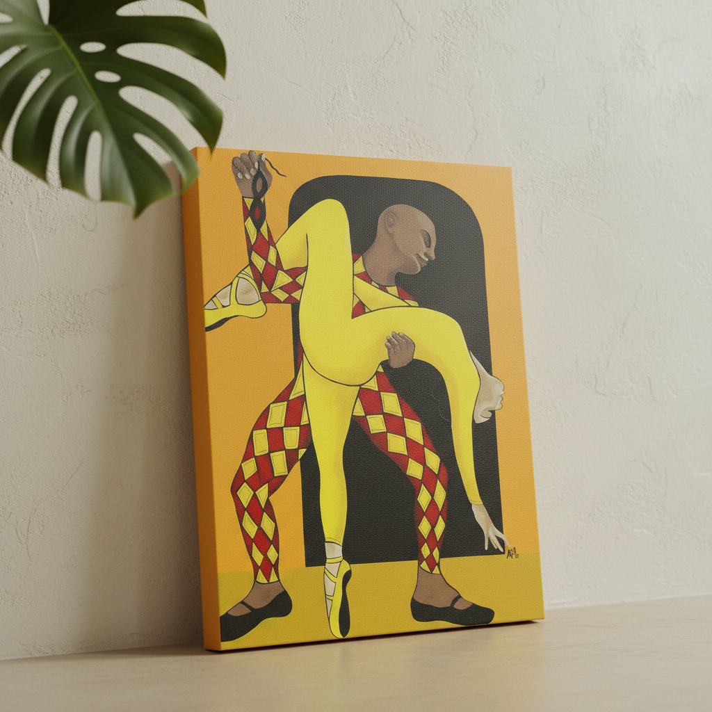 Dance of the Harlequin canvas print with monstera plant — Black ballet dancer canvas art