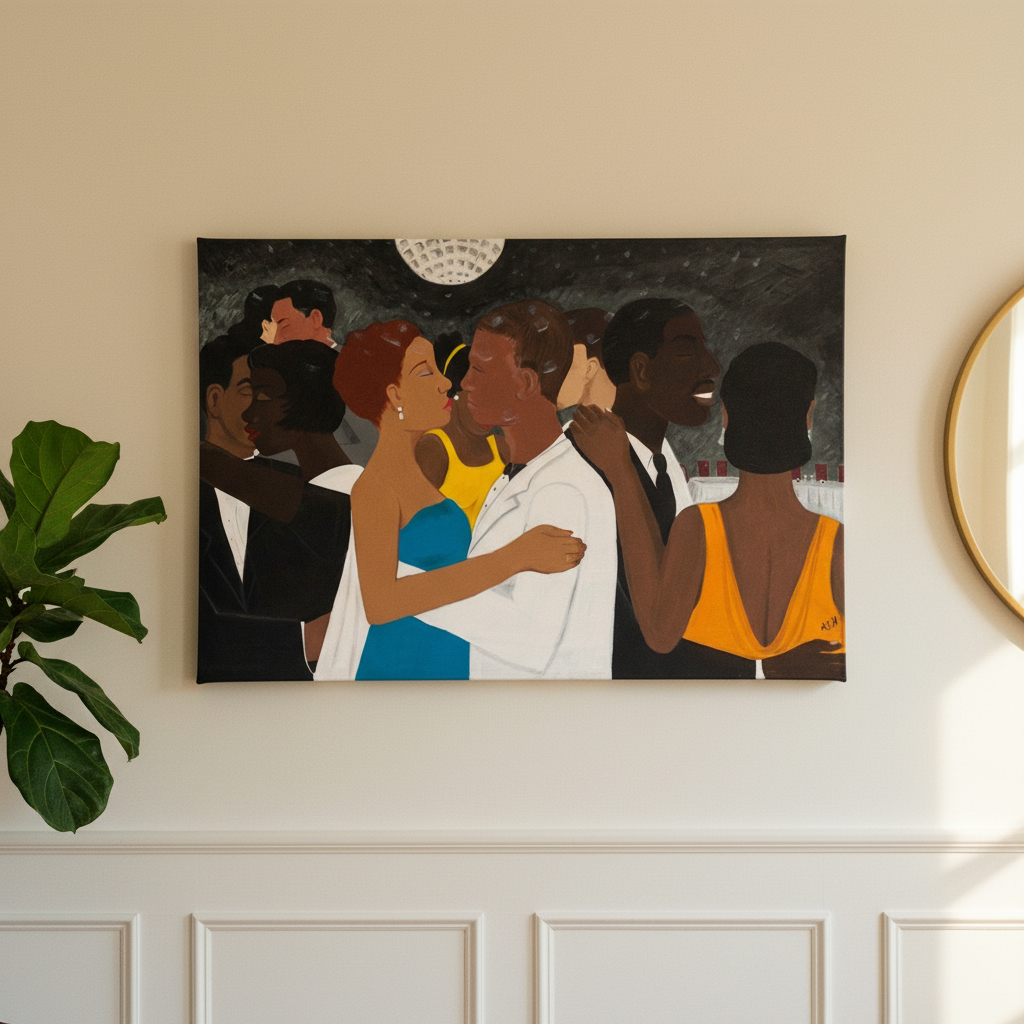 Black Tie Affair canvas print hung on wall — Black couple formal dance art in room setting