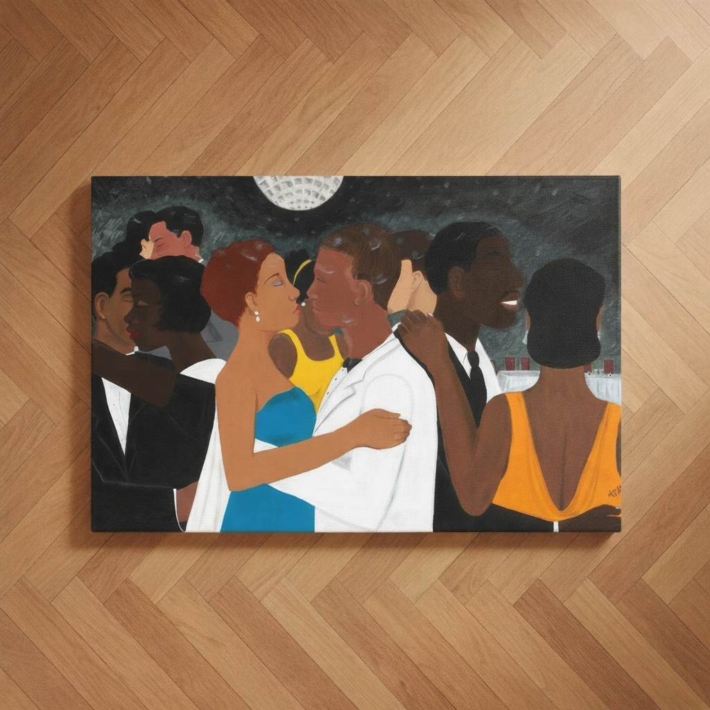 Black Tie Affair canvas print on wood floor leaning — African American formal dance couple art