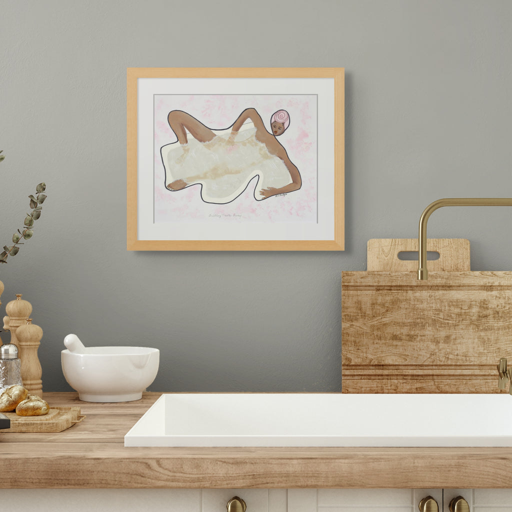 Bubbling Troubles Away continuous line print — Black self-care art for a bathroom