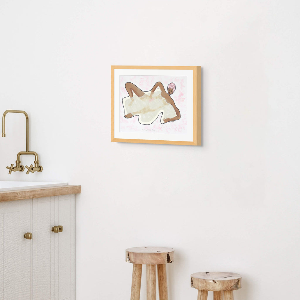 Bubbling Troubles Away continuous line print styled in a bathroom — Black self-care art
