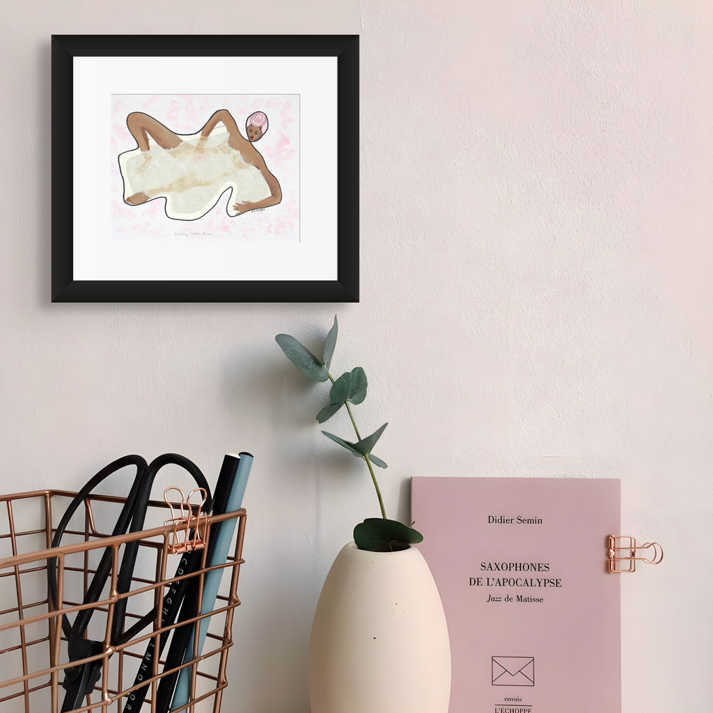 Bubbling Troubles Away continuous line print framed in black wood — Black self-care art