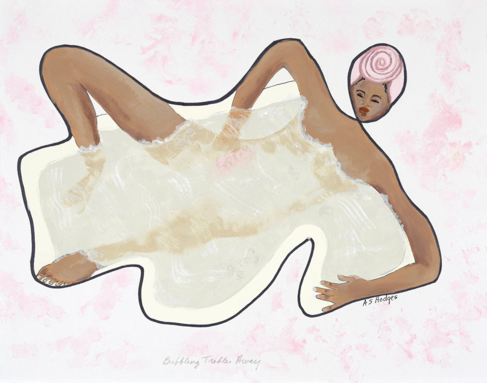 Bubbling Troubles Away continuous line print — full artwork, Black self-care art by Antionette Simmons Hodges