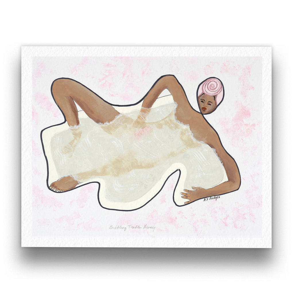 Bubbling Troubles Away continuous line art print on white background with shadowing