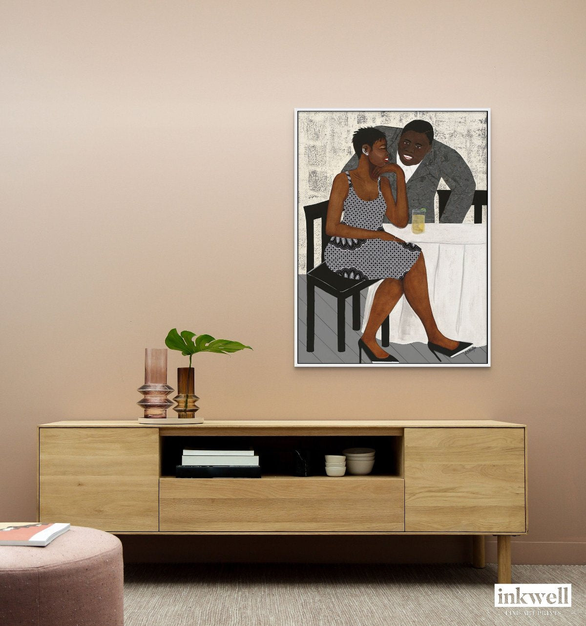 'The Conversation' canvas print in frame: Black couple in a heartfelt discussion, set against a warm-toned background, elegantly framed for display.