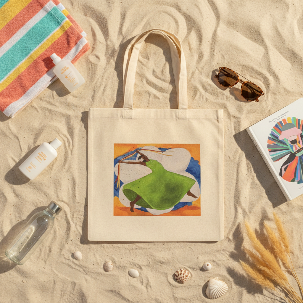 Close-up detail of Carnival tote — green dress, ribbons, and golden backdrop art print  laying on the sand.