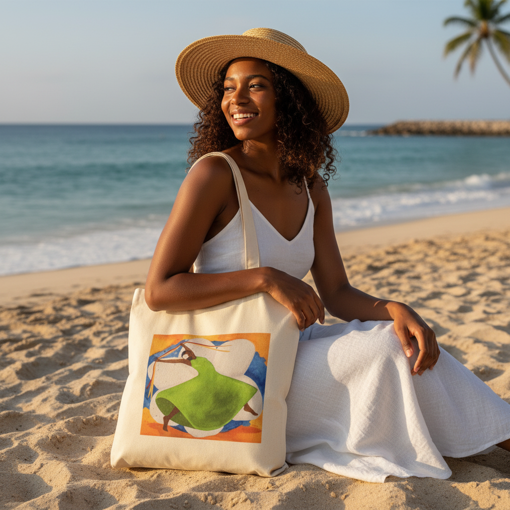 woman on the beach with Carnival art tote bag front view — Black joy dance art on cotton canvas by Antionette Simmons Hodges
