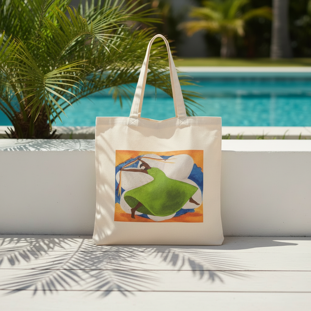 Carnival art tote bag poolside lifestyle — Black joy dance art cotton canvas bag by Antionette Simmons Hodges