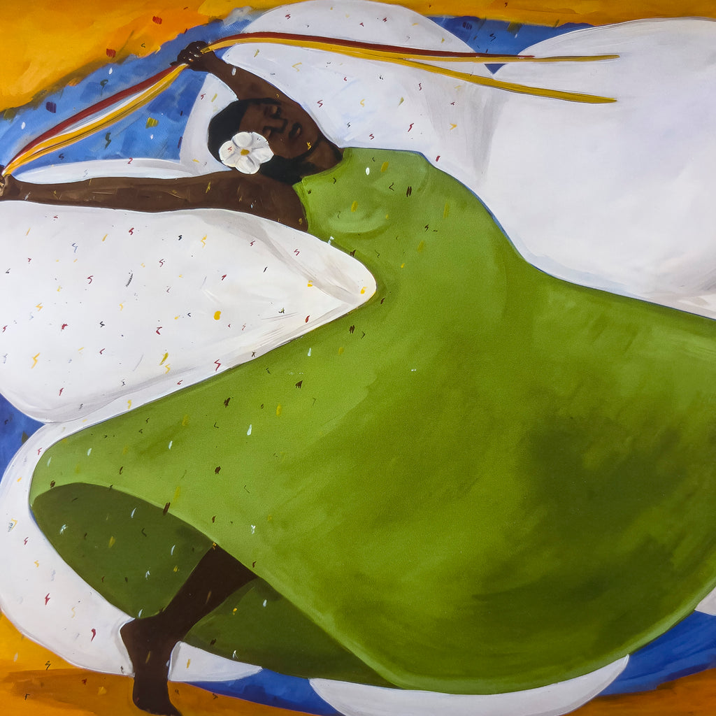 Carnival framed giclee print, detail of the woman in a green dress — Caribbean dance art celebrating Black culture