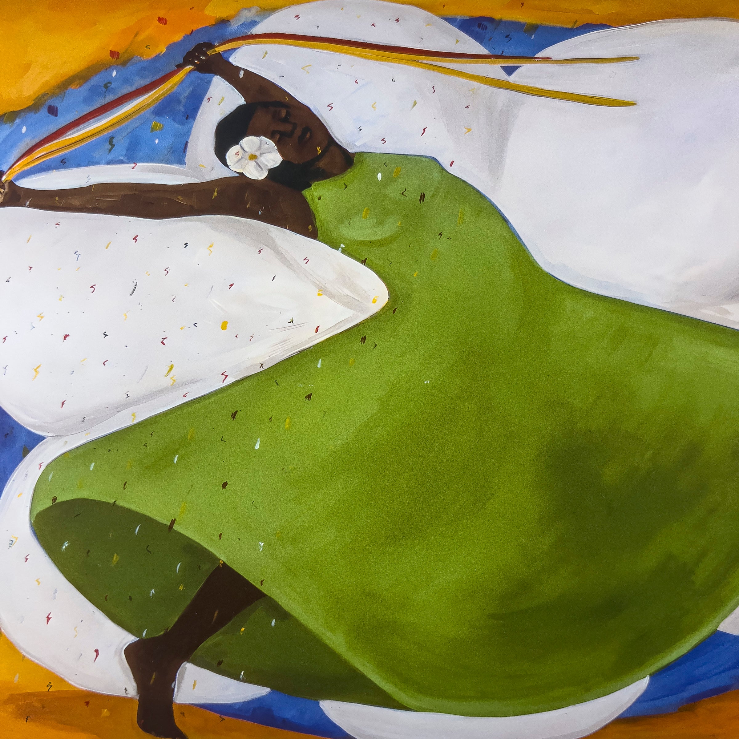 Carnival framed giclee print, detail of the woman in a green dress — Caribbean dance art celebrating Black culture
