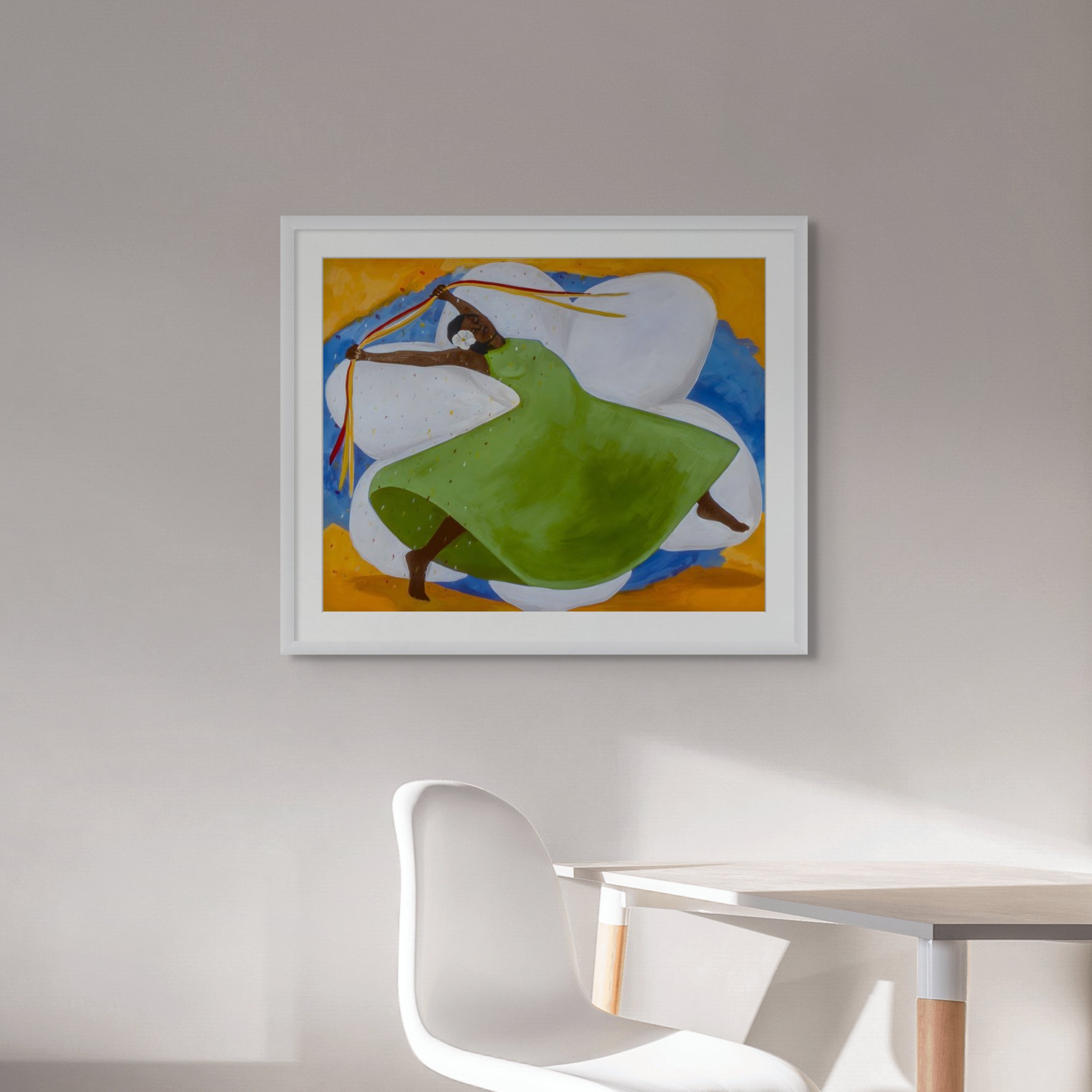 Carnival giclee print framed in white in a white living room — Black culture dance art