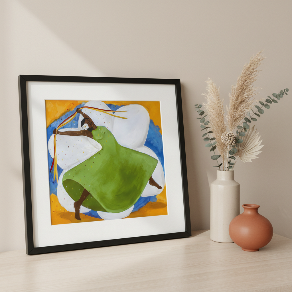 Framed abstract artwork on a wall with decorative vases below.