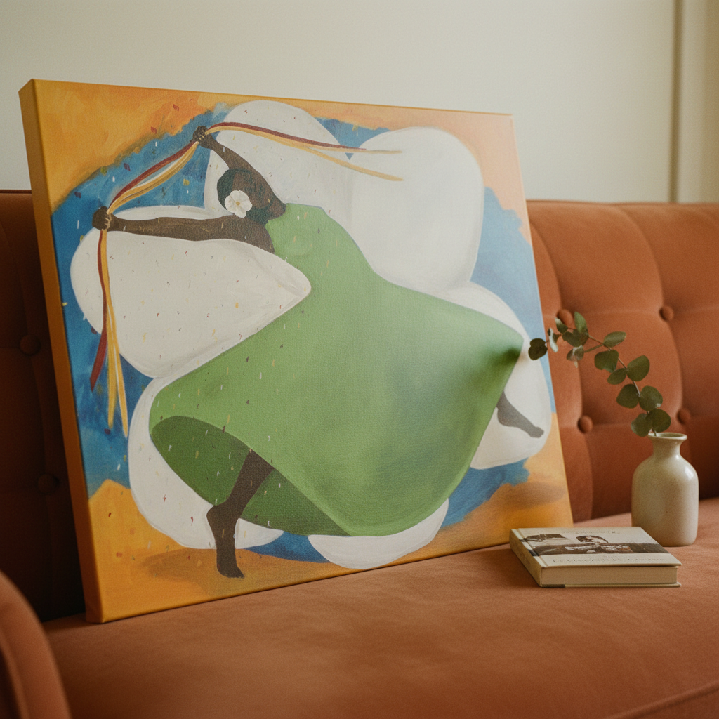 Carnival canvas print on sofa — Black joy carnival dance art on stretched canvas