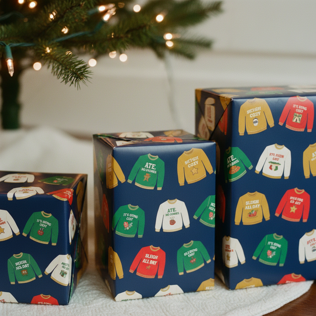 Christmas sweater wrapping paper, Navy, three gifts
