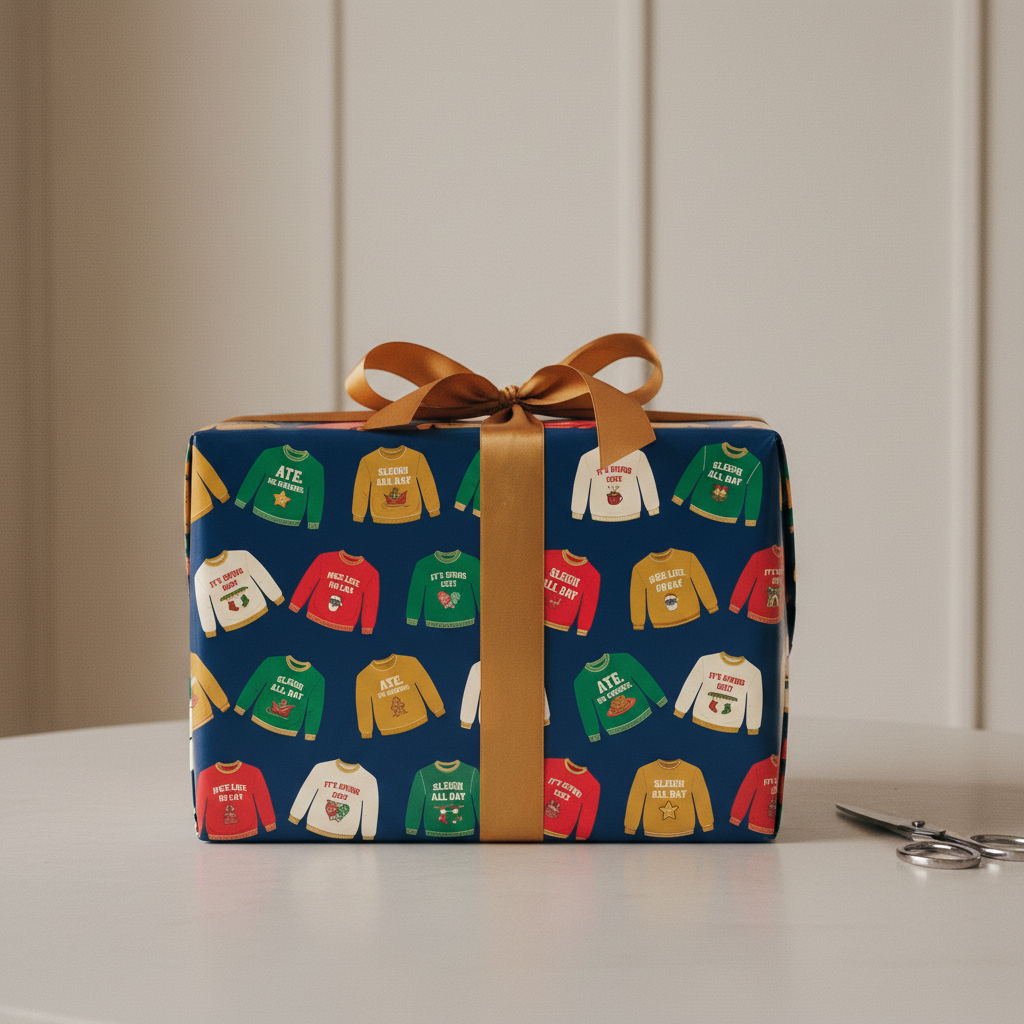 Christmas sweater wrapping paper, Navy, wrapped gift