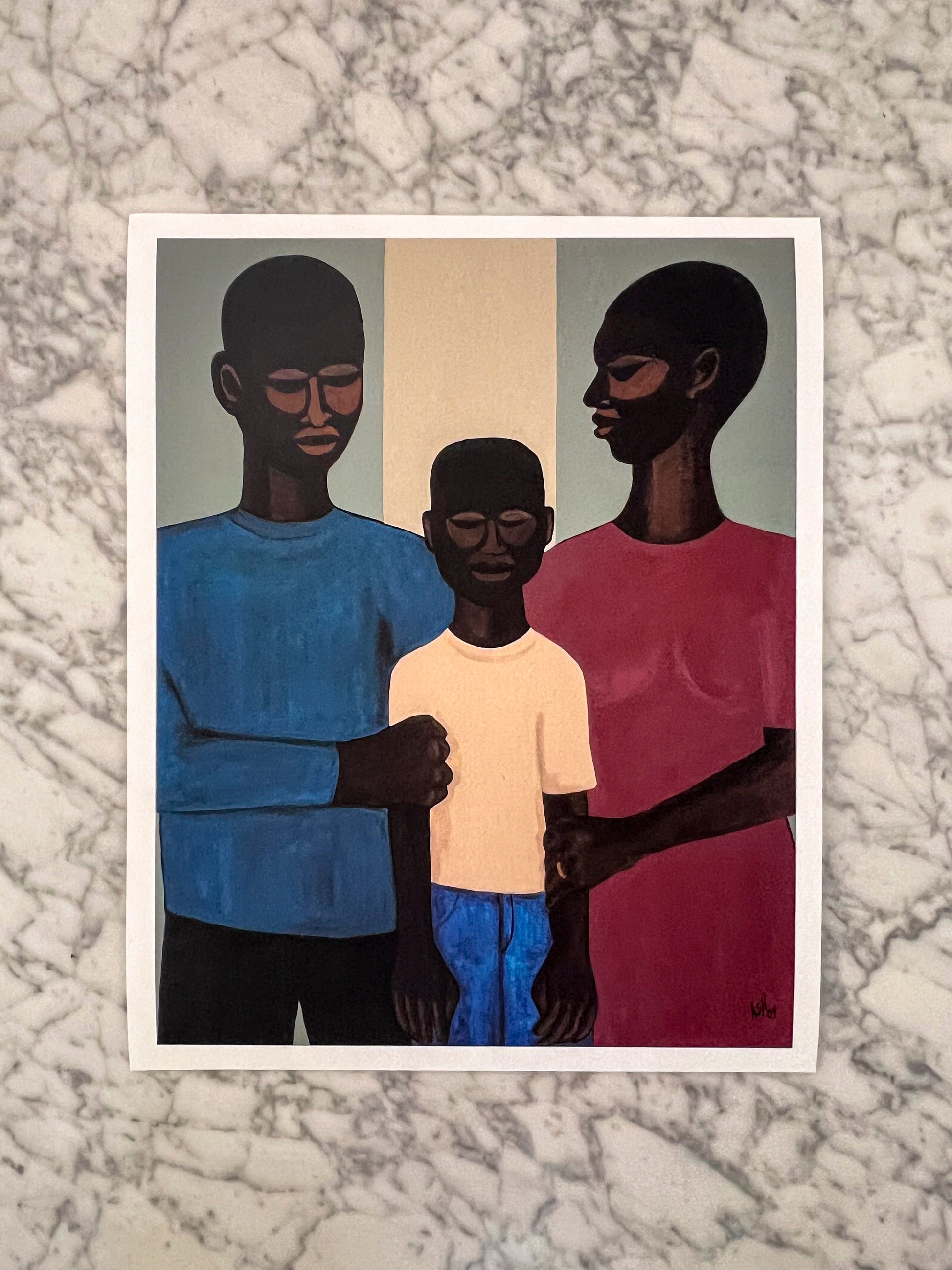 'The Family' fine art print: Stylized depiction of an African American family, with two adults and a child, set against a muted background, symbolizing unity and strength. shown with or without white border