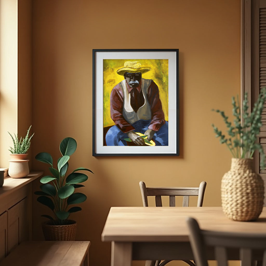 Framed artwork of a black male in a straw hat shucking corn on a wall in a room with a table, chairs, and plants.