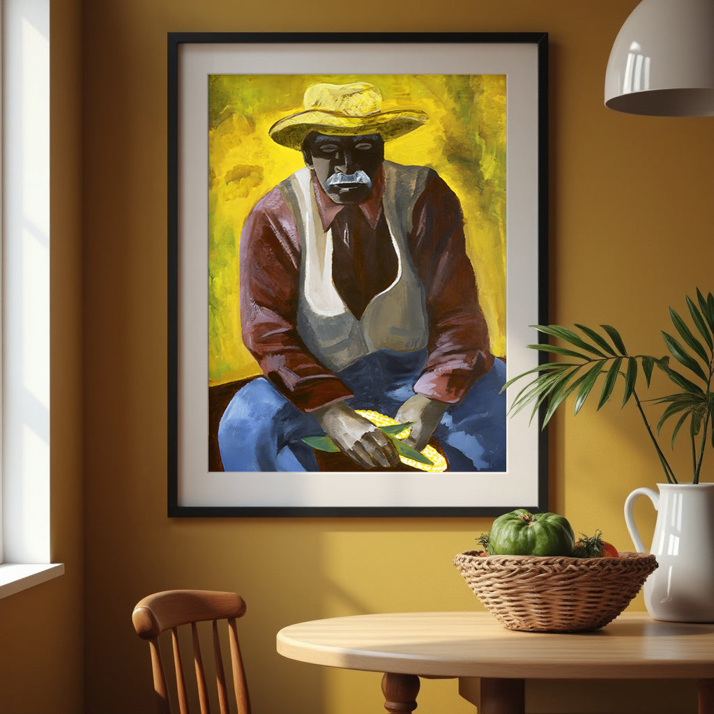 Framed painting of a farmer  shucking corn on a wall above a table with a plant and pitcher.