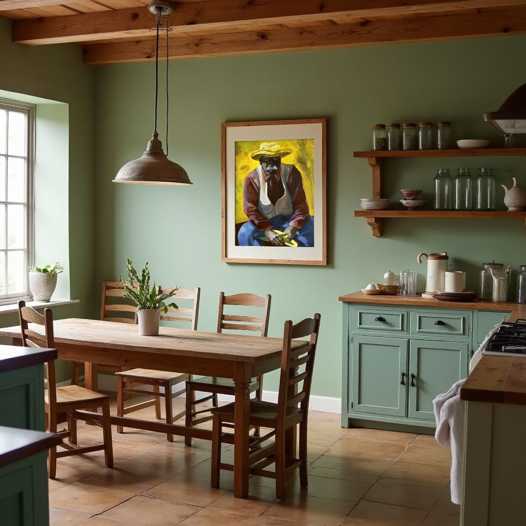 Framed artwork of a black male in a straw hat shucking corn on a wall in a room with a table, chairs, and plants. Kitchen with wooden dining table and chairs, green walls, and a painting on the wall.