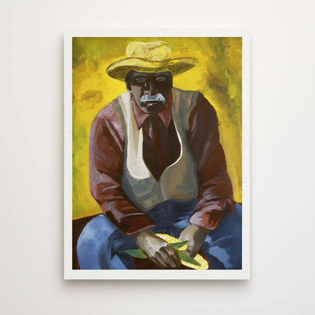 Corn Shuckin' full artwork — a Black Southern sharecropper shucking corn, by Antionette Simmons Hodges