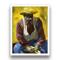 fine art print of old man wearing a hat and vest against a yellow background
