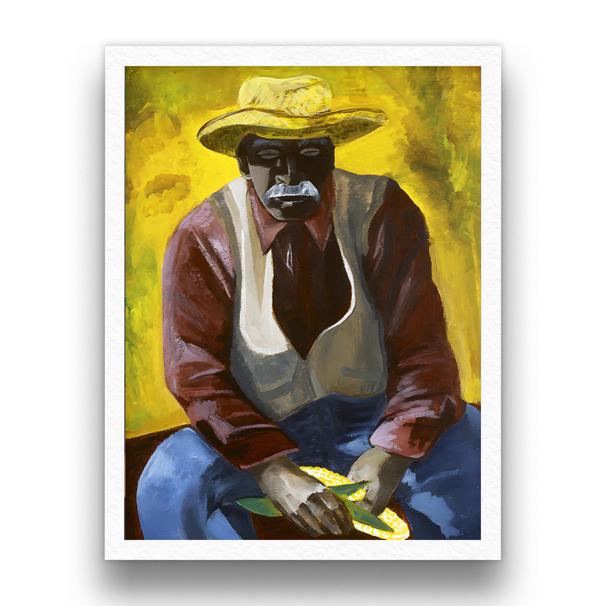 fine art print of old man wearing a hat and vest against a yellow background