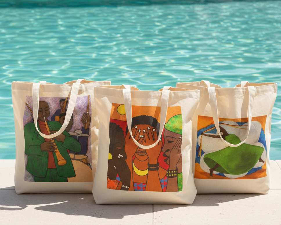 Three canvas tote bags with  black artwork by artist Antionette Simmons Hodges