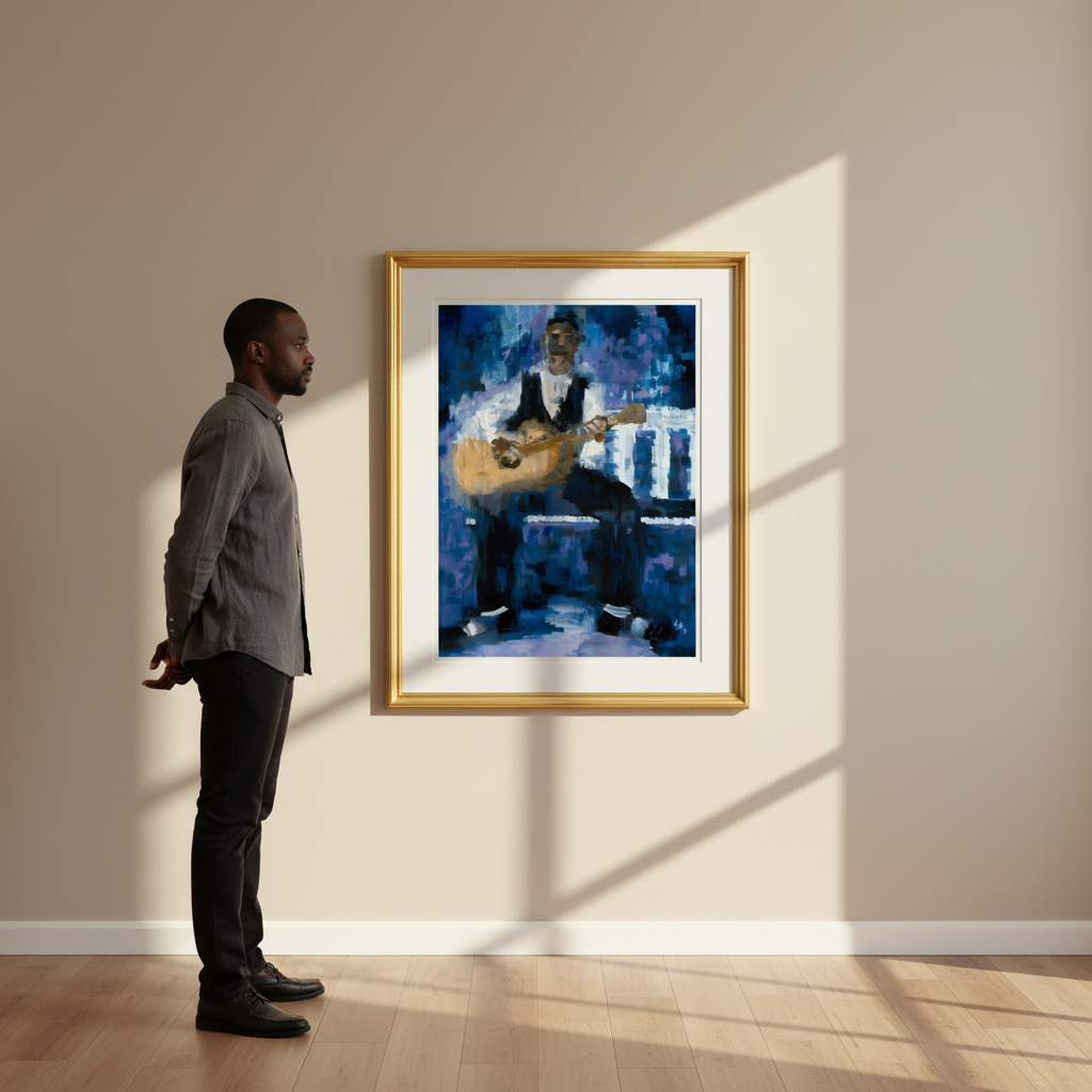 Country Rhythm giclee print, editorial shot with viewer for scale, gold frame — Black guitarist art