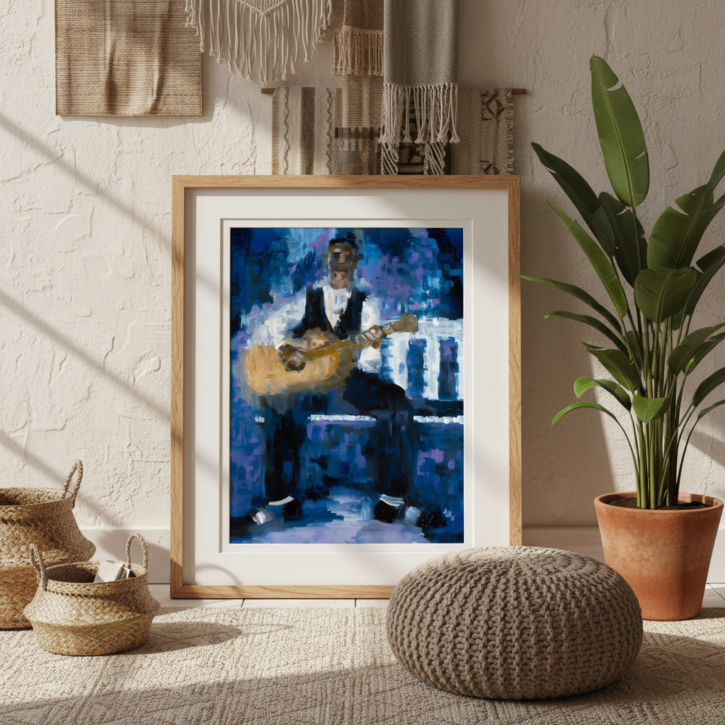Country Rhythm giclee print in a sunlit boho nook, natural frame — Black guitarist art