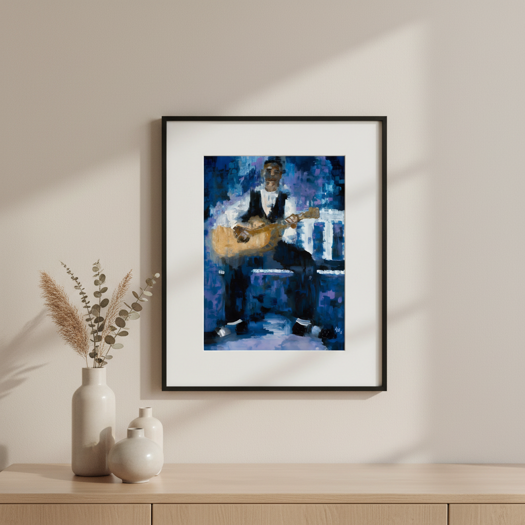 impressionist painting of a black guitar player