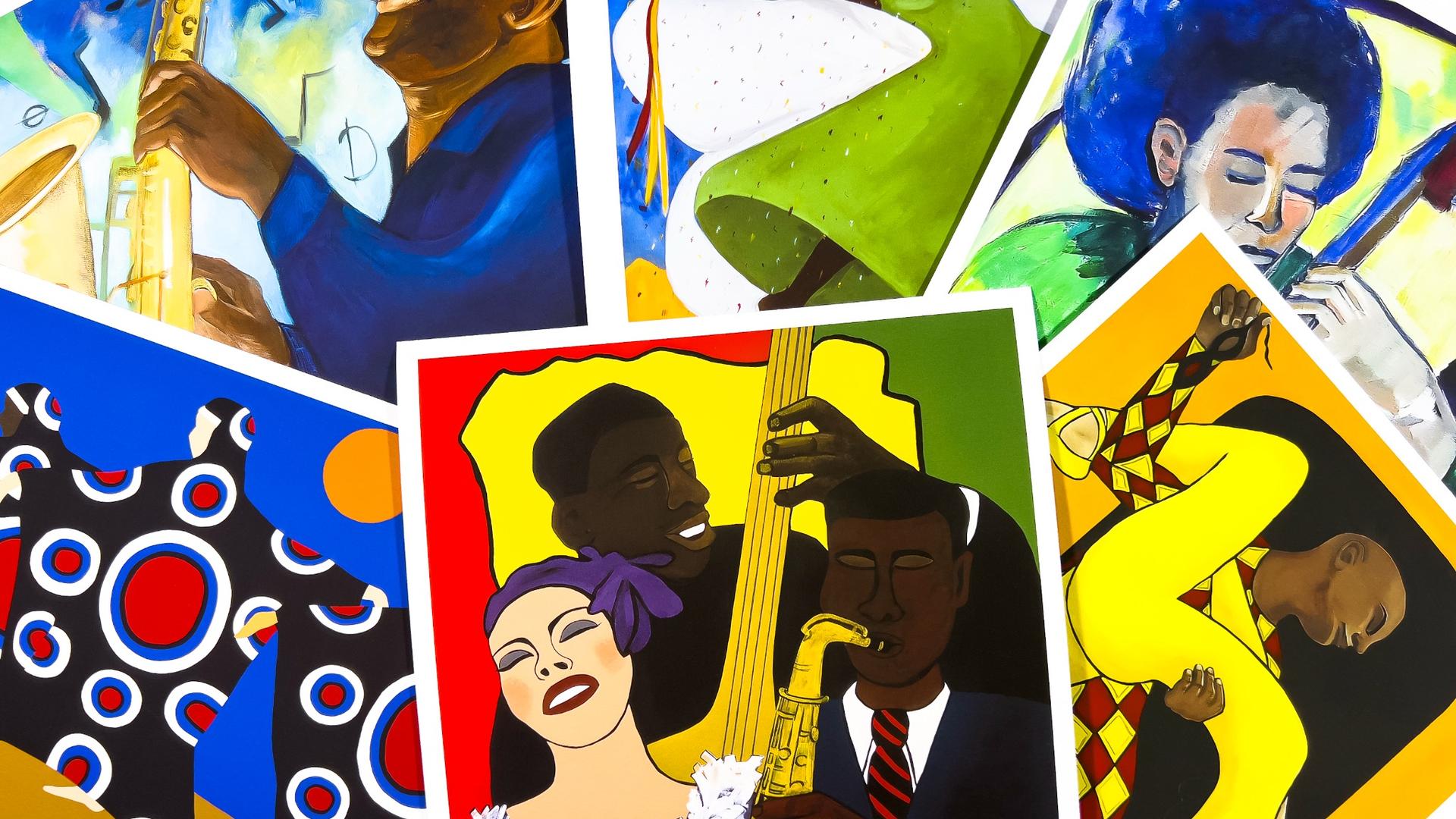 Collage of colorful african american illustrations featuring people playing instruments and abstract designs.