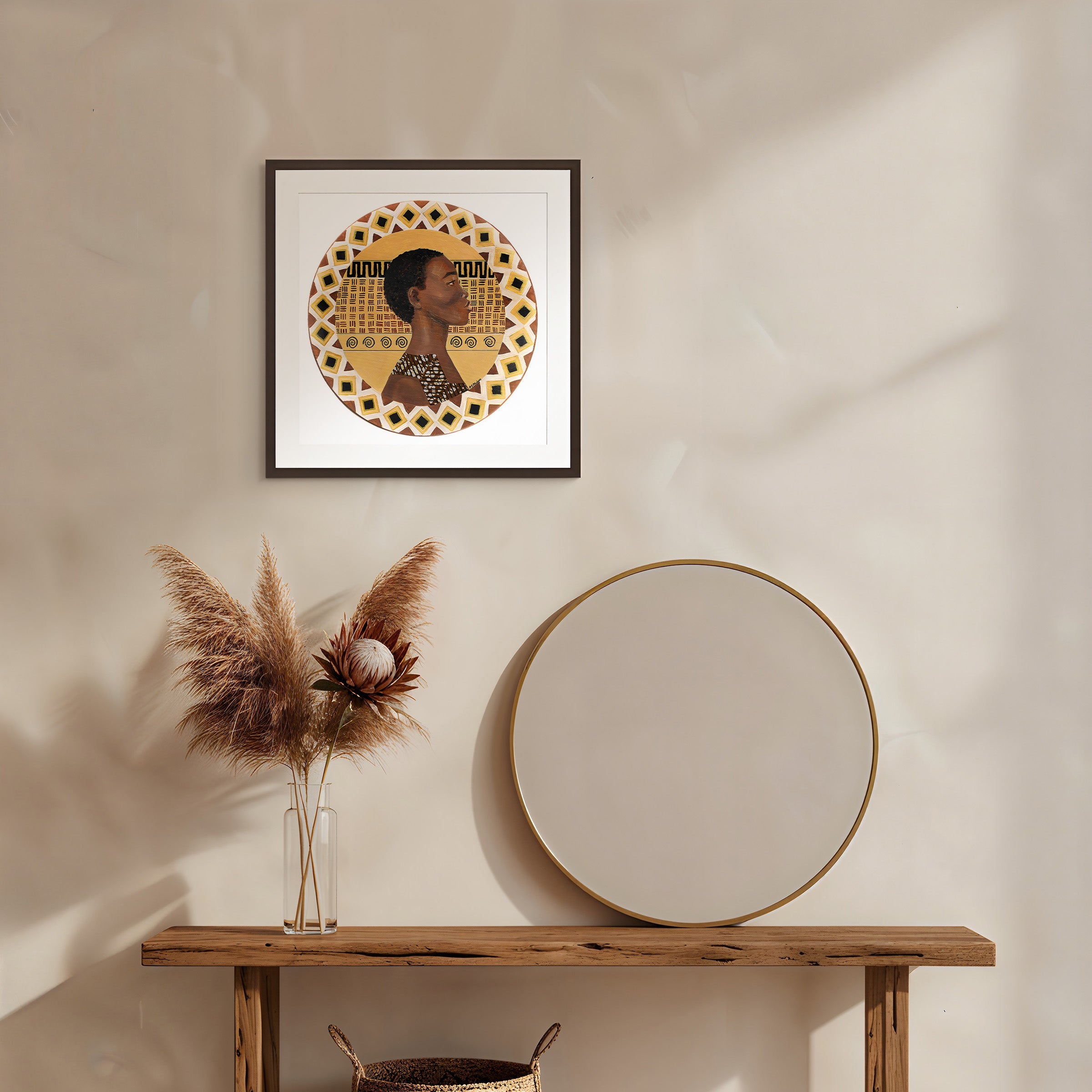 Niche with wooden bench, vase with dried plants, woven basket, and framed  Dahomey warrior art on beige wall.