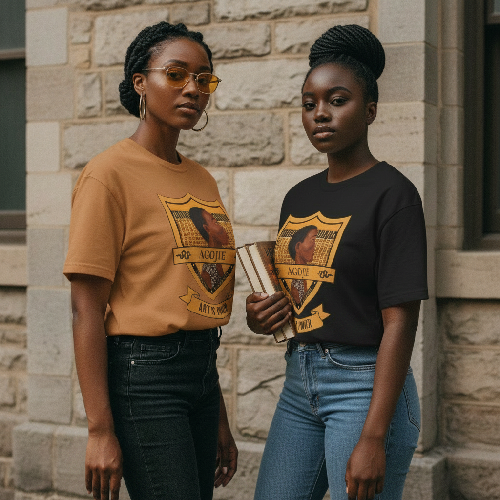 Black girlfriends wearing Dahomey Warrior tees — HBCU lifestyle — Art Is Power Vol. I | Inkwell Fine Art Prints